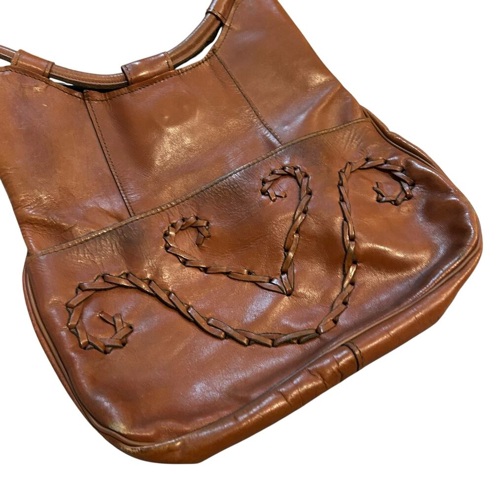 Vintage 80s Cognac Leather Hobo Shoulder Bag Whipstitch Heart Embroidery - Picture 13 of 16
